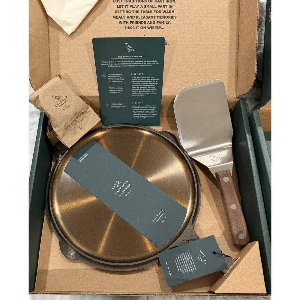 Smithey No. 12 Cast Iron Flat Top Griddle 12” Glass Lid Mighty Spatula Bundle